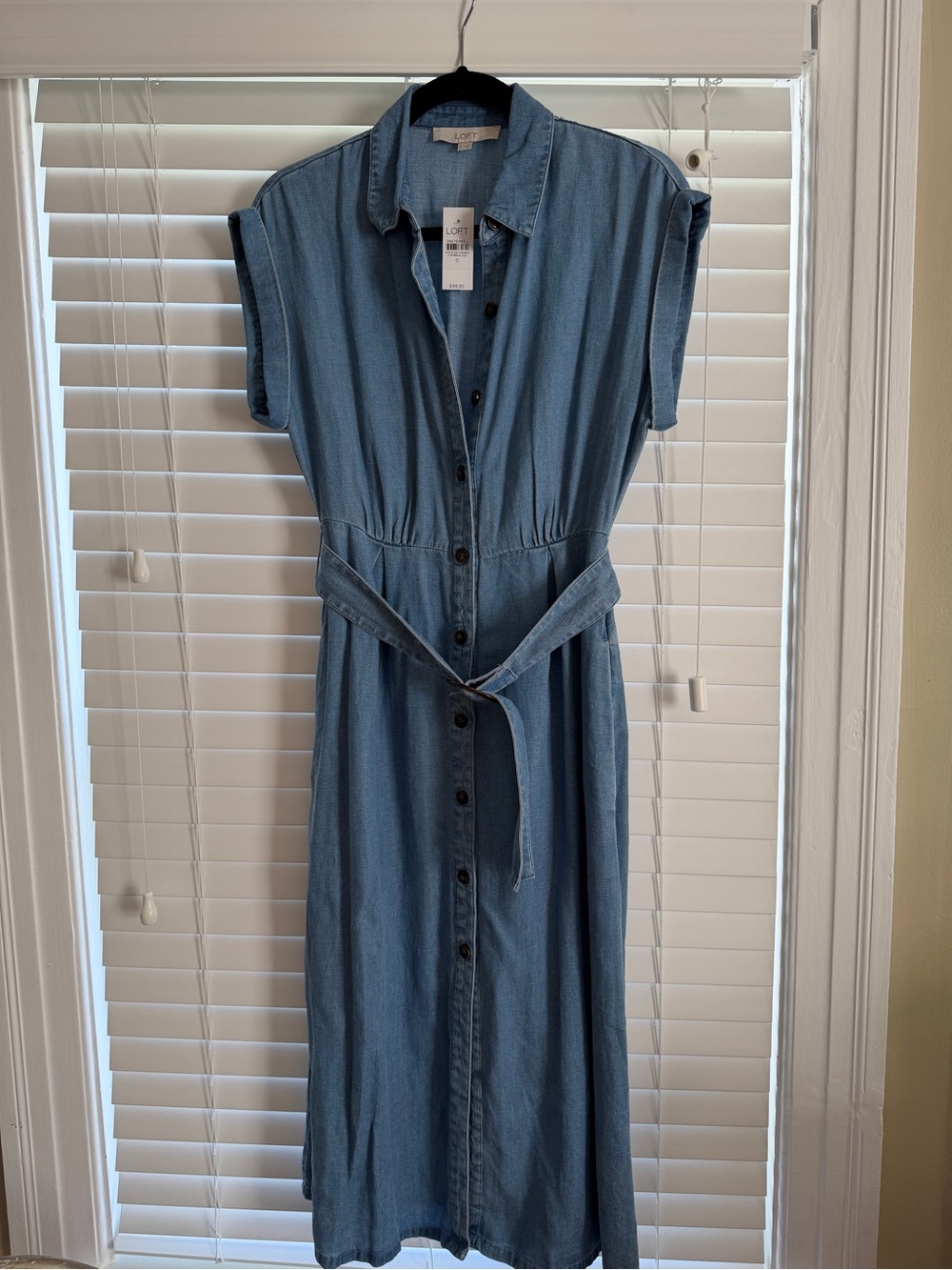LOFT Light Blue Denim Maxi Shirt Dress with Tie Belt